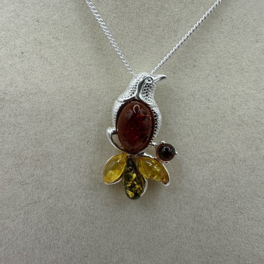 Multi Color Amber and Silver Bird Pendant on Silver Chain - Picture 6 of 9
